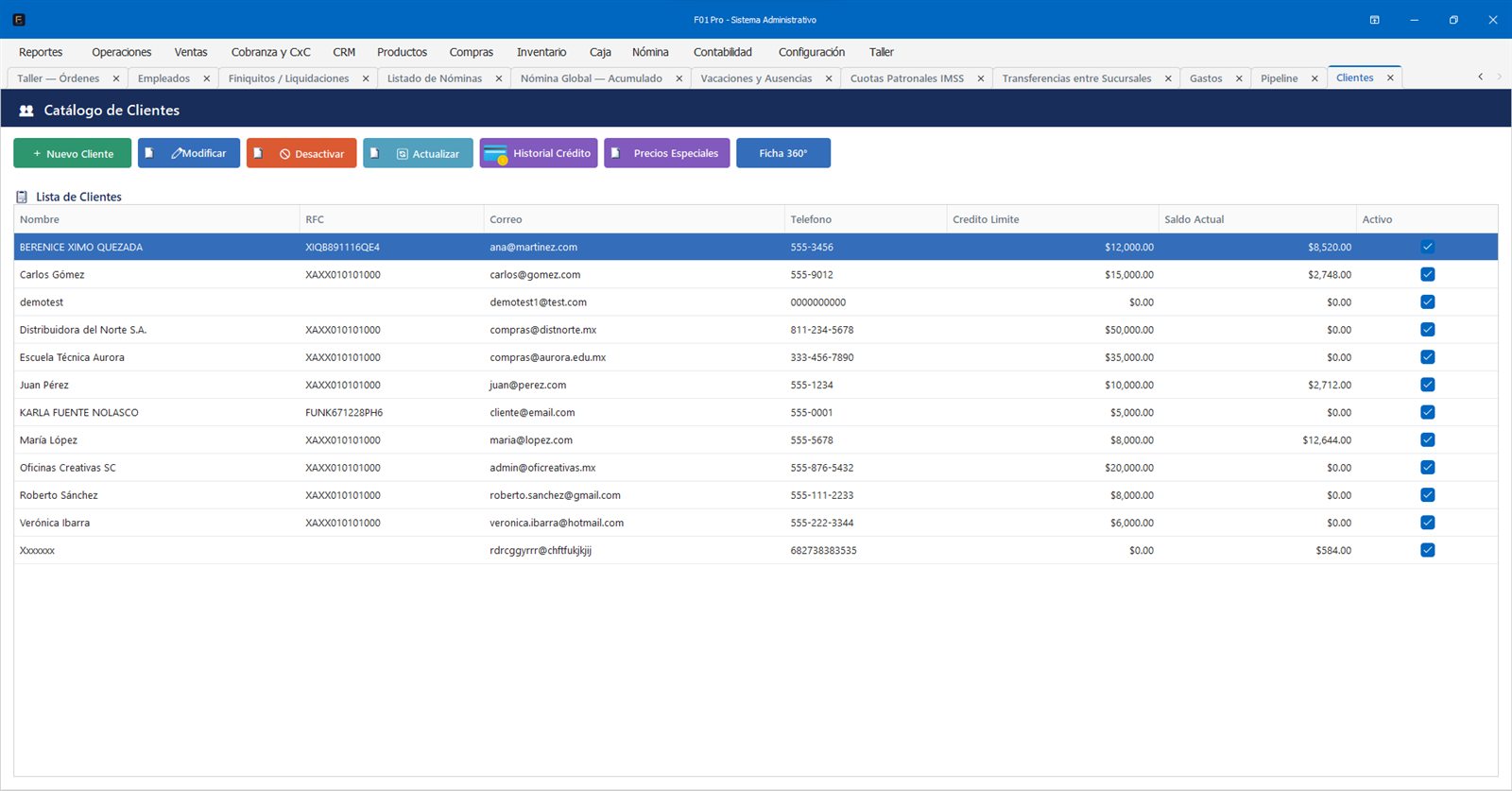 Catálogo de clientes con RFC, crédito y saldo