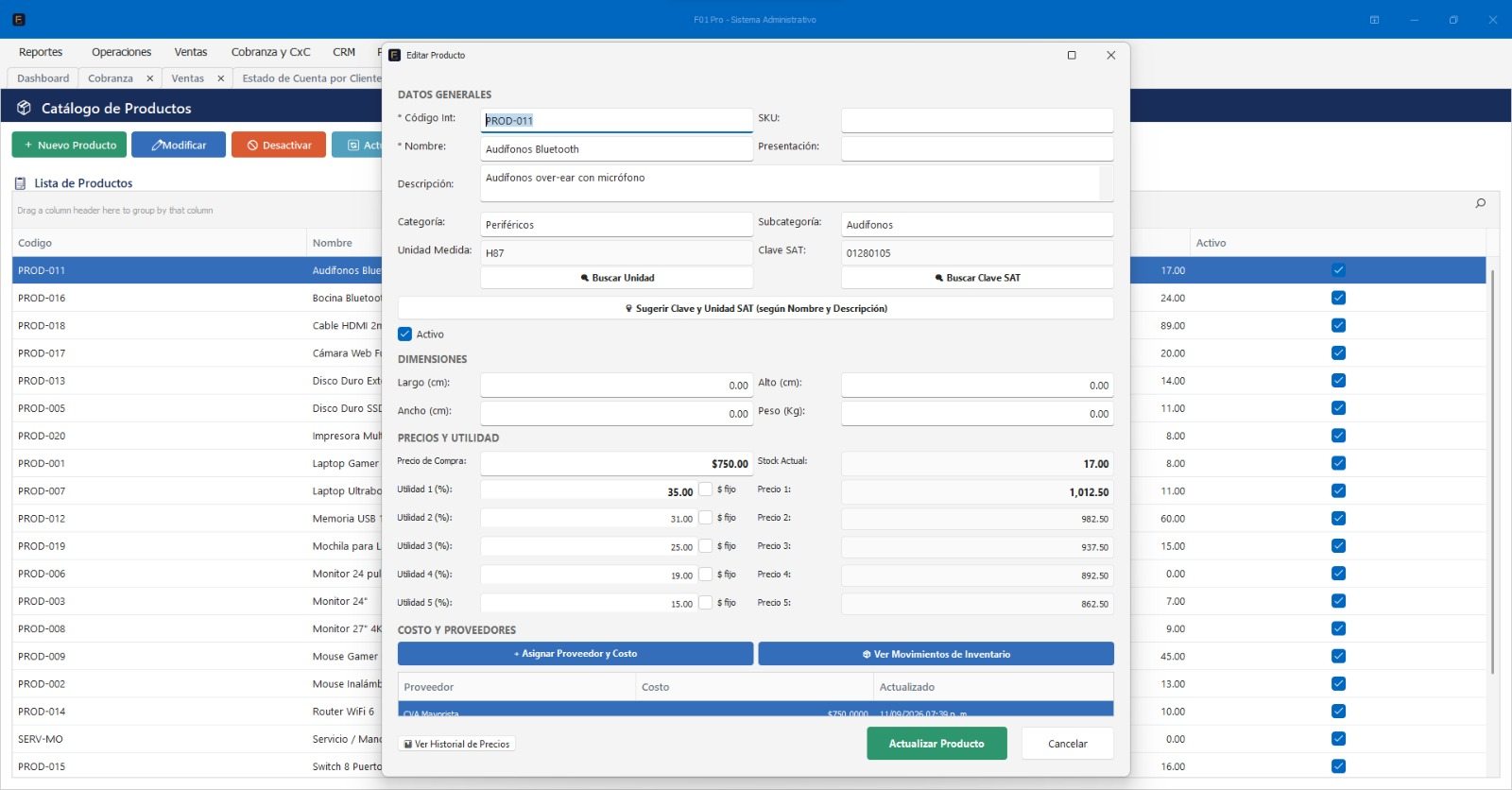 Ficha de producto con precios, utilidades y clave SAT