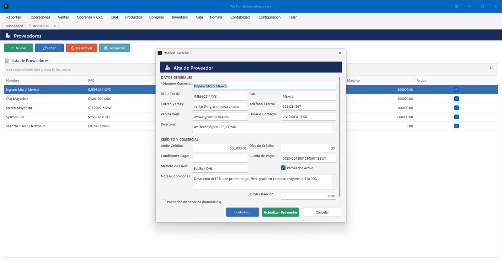 Ficha de proveedor con datos generales, crédito y condiciones